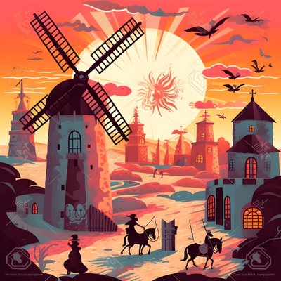Fundo Dom Quixote, à direita, no seu burro, pequeno como uma sombra, em frente aos moinhos de vento, um cenário adequado 2 de Kurt Heppke