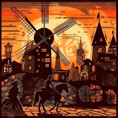 Fundo Dom Quixote, à direita, no seu burro, pequeno como uma sombra, em frente aos moinhos de vento, um cenário adequado 4 de Kurt Heppke