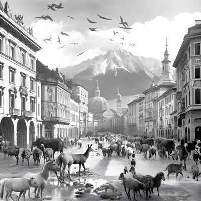 Innsbruck numa fotografia antiga com elegantes zebras, gaivotas, macacos e figuras de barro. 2 de Kurt Heppke