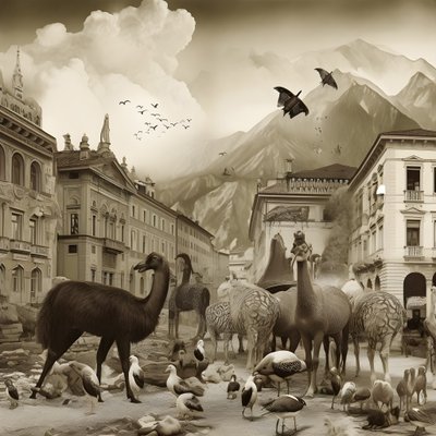 Innsbruck numa fotografia antiga com elegantes zebras, gaivotas, macacos e figuras de barro. 3 de Kurt Heppke