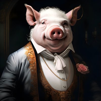 Proprietário antropomórfico de uma plantação de porcos, frio e dominador, olhos penetrantes, corpo gordo e rechonchudo, charuto na mão, fato e colete brancos sulistas chiques e requintados, relógio de bolso numa corrente, monóculo, chapéu de feltro branco, de Kurt Heppke