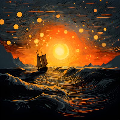 Pôr do sol, sol amarelo-alaranjado, nuvens, cinco círculos rotativos de nuvens num grande céu, ondas pontilhadas e nuvens amarelas-alaranjadas reflectindo-se nas ondas, um barco a navegar no mar 1 de Kurt Heppke
