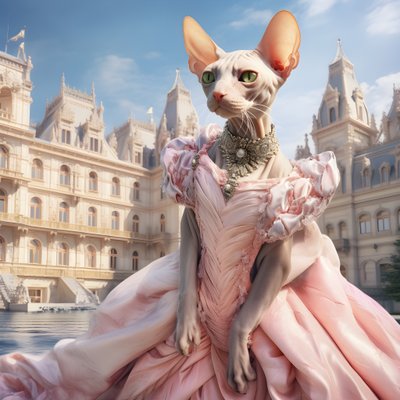 Gato Sphynx em vestido de baile contra o fundo de um magnífico palácio de estilo medieval 2 de Kurt Heppke
