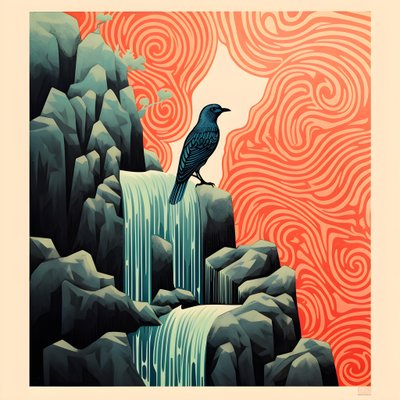 Ilustração ultra-minimalista de um pássaro tropical colorido sentado numa planta com ramos em frente a um riacho de montanha com uma bela cascata 3 de Kurt Heppke