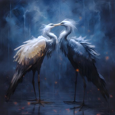 Pintura linda, deslumbrante, cinematográfica, dois grous a beijarem-se à chuva 4 de Kurt Heppke
