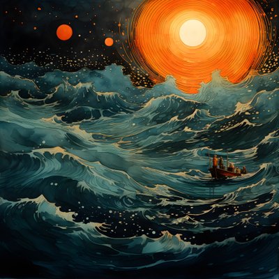 Dois barcos deslizavam silenciosamente através da água negra e escura em direção ao turbilhão de Caribdis, a lua cheia era a única luz no mundo vazio do Mar do Norte. 3 de Kurt Heppke