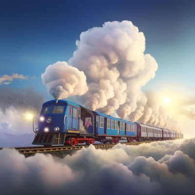 um comboio das redes sociais que se move rapidamente e voa por entre as nuvens, pendurado por um fio 2 de Kurt Heppke