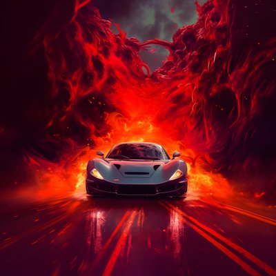 um carro de luxo está a ser conduzido por um caminho com um brilho vermelho no fundo 2 de Kurt Heppke