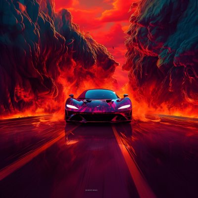 um carro de luxo está a ser conduzido por um caminho com um brilho vermelho no fundo 3 de Kurt Heppke