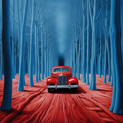 carro azul numa floresta vermelha 3 de Kurt Heppke