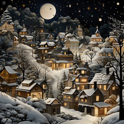 uma aldeia à noite sob árvores cobertas de neve 2 de Kurt Heppke