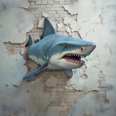 um tubarão azul com a cara pintada numa parede antiga 1 de Kurt Heppke