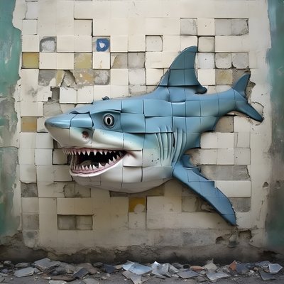 um tubarão azul com a cara pintada numa parede antiga 3 de Kurt Heppke