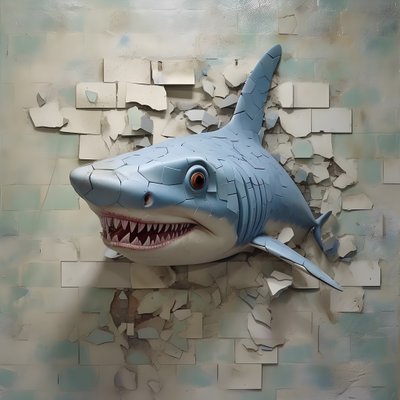 um tubarão azul com a cara pintada numa parede antiga 4 de Kurt Heppke
