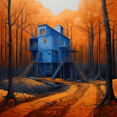 uma casa azul numa floresta laranja 1 de Kurt Heppke