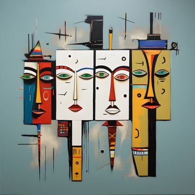 uma pintura mostra um grupo de quatro cabeças numa parede 2 de Kurt Heppke
