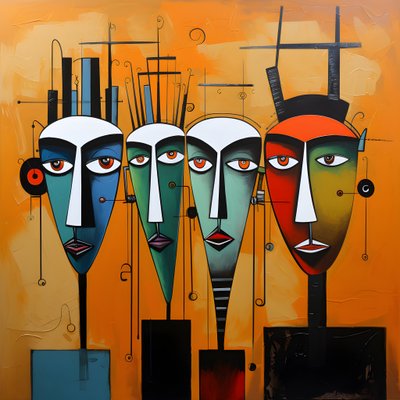 uma pintura mostra um grupo de quatro cabeças numa parede 3 de Kurt Heppke