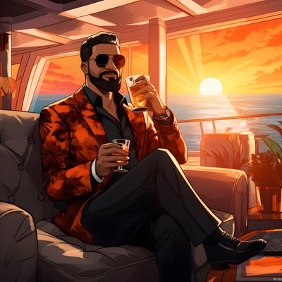 um homem rico, bem vestido, senta-se num navio de cruzeiro privado e bebe um cocktail 3 de Kurt Heppke