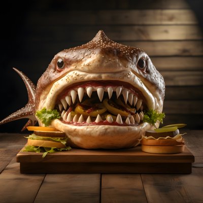 cheeseburger de cabeça de tubarão grande com carne de vaca em tábua de madeira 2 de Kurt Heppke