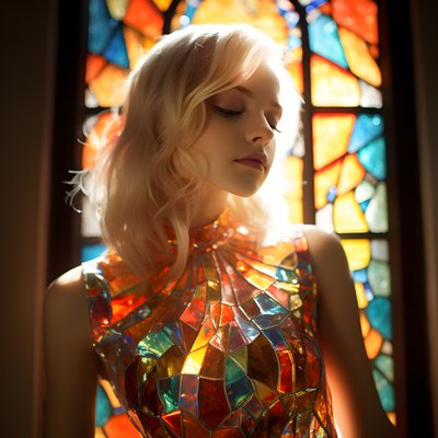 bonita rapariga loira de 14 anos usa um vestido colorido com vitrais tiffany 4 de Kurt Heppke