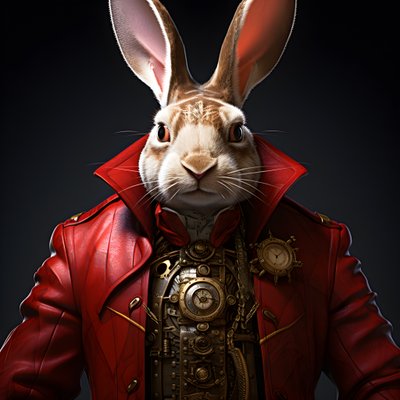 coelhinho androide antropomórfico cibernético clockpunk masculino, com bata vermelha 4 de Kurt Heppke