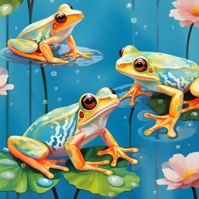 Padrão sem costura de uma pintura de bonitas rãs de desenhos animados cor de laranja e amarelas sentadas na folhagem de lírios na chuva de água da aguarela 2 de Kurt Heppke
