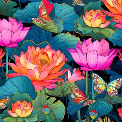 Padrão sem costuras de flores de lótus e borboletas 3 de Kurt Heppke