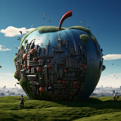 Maçã gigante num campo com muitas janelas pequenas 1 de Kurt Heppke