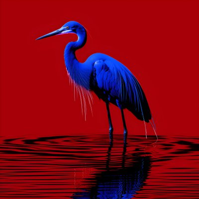 obra de arte digital synthwave de uma garça exótica azul-cobalto sobre papel vermelho 2 de Kurt Heppke