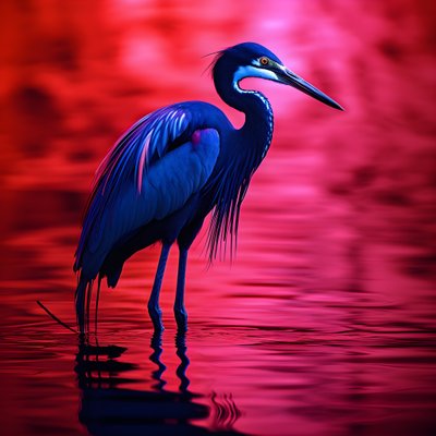 obra de arte digital synthwave de uma garça exótica azul-cobalto sobre papel vermelho 4 de Kurt Heppke