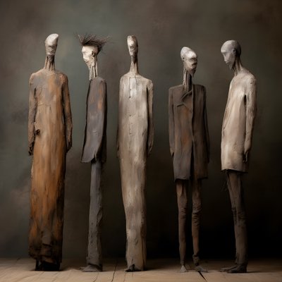 quatro figuras de barro de homens de pé, lado a lado 2 de Kurt Heppke