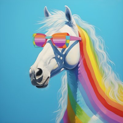Cavalo branco com óculos arco-íris num fundo azul 2 de Kurt Heppke