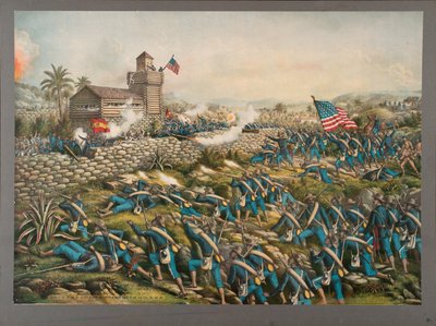 Carga da 24ª e 25ª Infantaria Colorida e Resgate dos Cavaleiros Rough Riders na Colina de San Juan, 2 de Julho de 1898 de Kurz and Allison