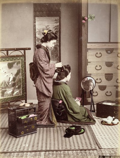 Cabeleireiro, Japão, c.1880 (impressão colorida de álbuns à mão no cartão) de Kusakabe Kimbei