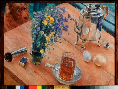Manhã ainda vida. (Copo de chá e bule, ovos, caixa de fósforos e buquê de flores silvestres, colocados sobre uma mesa, observados por um cachorro). Pintura de Kuzma Sergeyevich Petrov Vodkin (Petrov-Vodkin) (Kouzma Petrov Vodkin) (Petrov-V) de Kuzma Sergeevich Petrov Vodkin