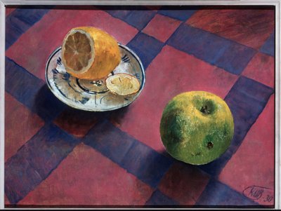 Maçã e limão. (Maçã e Limão). Pintura de Kuzma Sergeevich Petrov Vodkin (Petrov-Vodkin) (Kouzma Petrov Vodkin) (Petrov-Vodkin) (1878-1939), óleo sobre tela de Kuzma Sergeevich Petrov Vodkin