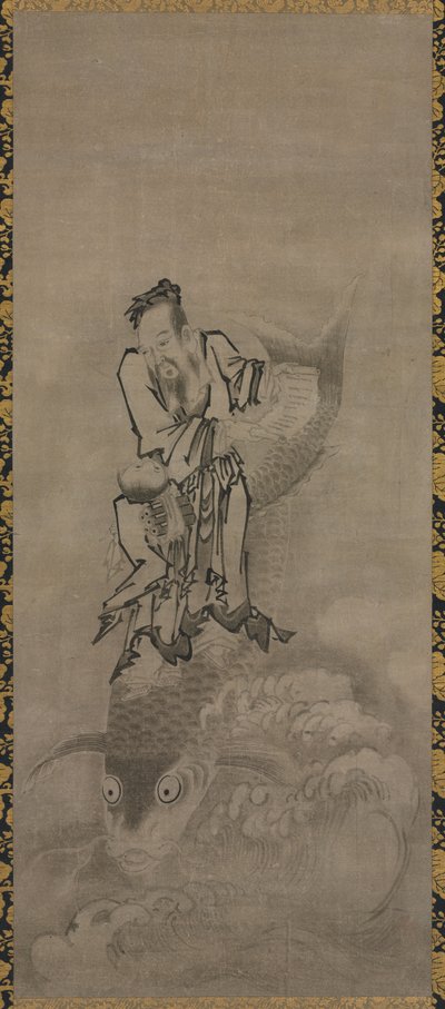 Hotei com Daoist Immortals: Immortal Riding Carp de Kyūseki Tomonobu