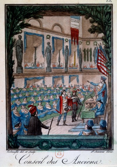 Directoire: "Le Conseil des Ancients" Gravação de "Mors et coutumes du peuple francais", gravada por Labrousse. Paris do século XVIII, B.N. de L.F. Labrousse