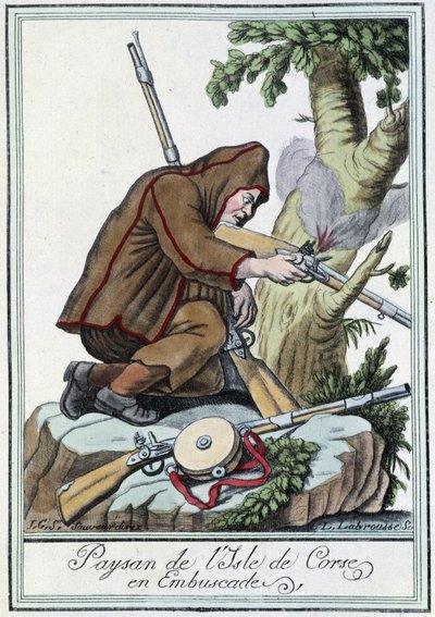 Camponês da Ilha da Córsega em emboscadas - na "Encyclopédie des voyages" de J. Grasset St Sauveur, Deron, Paris de L.F. Labrousse
