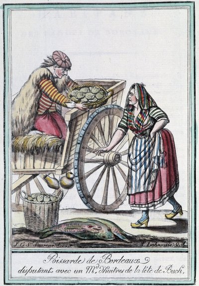 Poissarde de Bordeaux em disputa com um comerciante de ostras da cabeça de Buch - na "Enciclopédia das viagens" de J. Grasset St Sauveur, Deron, Paris de L.F. Labrousse