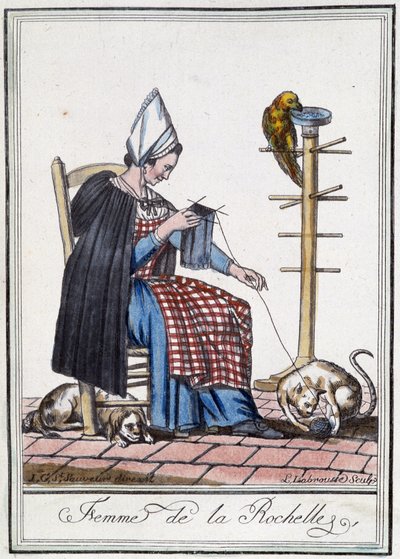 Mulher de La Rochelle a tricotar com um cão, um papagaio e um gato a brincar com a bola de lã. de L.F. Labrousse