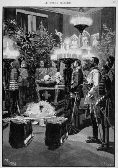 Exibição do corpo do Imperador russo Alexandre III. Desenho de Moulignié. "O Mundo Ilustrado". de L. Moulignie