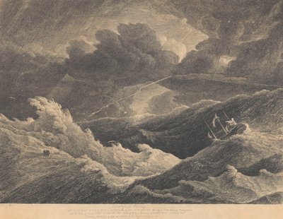 De um esboço feito em 1804 durante uma tempestade entre Madagáscar e o Cabo da Boa Esperança, na qual o navio indiano "Prince of Wales" se perdeu totalmente, c.1804 (gravura) de L. Hastings