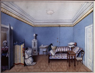 "In the Bedroom" Watercolour de L. Hern (século XIX) 1835 A. Museu Memorial Pushkin, São Petersburgo de L. Hern