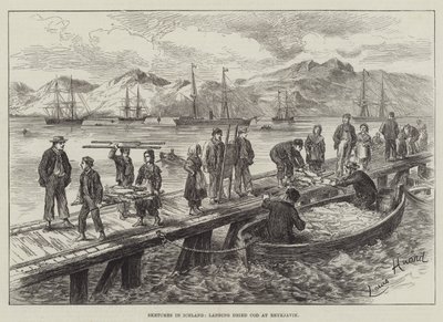 Esboços na Islândia, desembarque bacalhau seco em Reykjavik de L. Huard