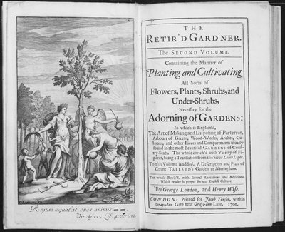 Frontispício para o jardineiro Retird por George London e Henry Wise, gravado por Van der Gucht, 1706 (foto de bw) de L. Laguerre
