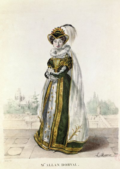 Marie Dorval (1798-1849) em &39;Marion Delorme&39; por Victor Hugo (1802-85) no Teatro de la Porte Saint-Martin, gravado por F. Noel de L. Marin