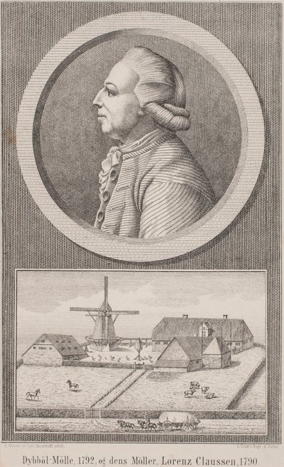 Moinho Dybbøl, 1792, e seu moleiro Lorenz Claussen, 1790 de L. Nissen