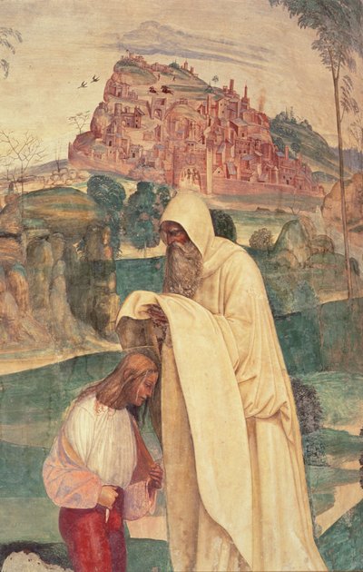 Vida de São Bento, cena 4: O monge Romanus veste Bento de L. Signorelli
