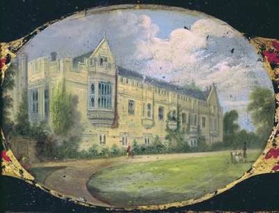 Painel de caixa de costura vitoriana decorado com uma camafeu oval dos jardins do St. John&39;s College, Oxford (papel machê) de L. and Bettridge, H. Jennens